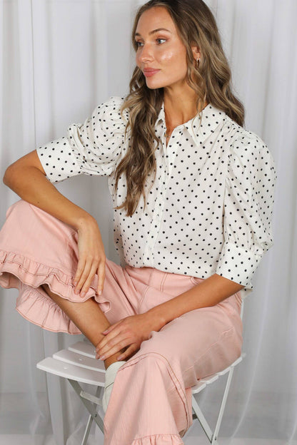 DOT- Collared Neck Short Puff Sleeve Swiss Dot Blouse