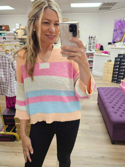 Striped Notch Neck Quarter Sleeve Sweater Top