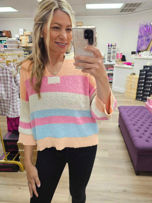 Striped Notch Neck Quarter Sleeve Sweater Top