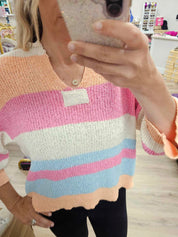 Striped Notch Neck Quarter Sleeve Sweater Top