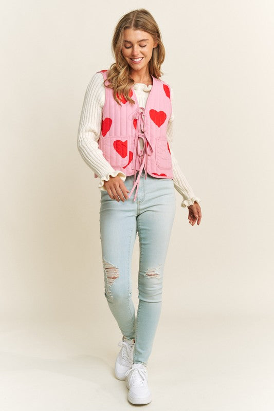 Quilted Heart Print Bow Accent Vest