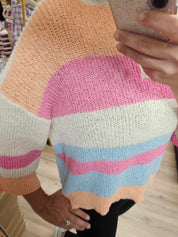 Striped Notch Neck Quarter Sleeve Sweater Top