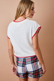 Christmas Sweater w/ Plaid Bow Appliqué