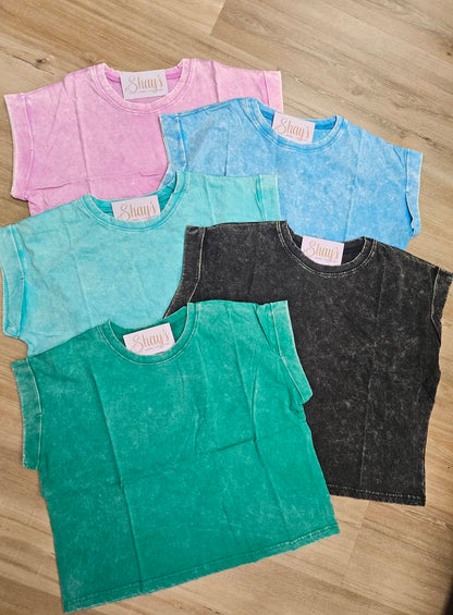 Garment Washed COTTON CROP- FOLDED SLEEVE TOP