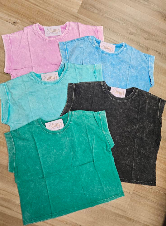 Garment Washed COTTON CROP- FOLDED SLEEVE TOP