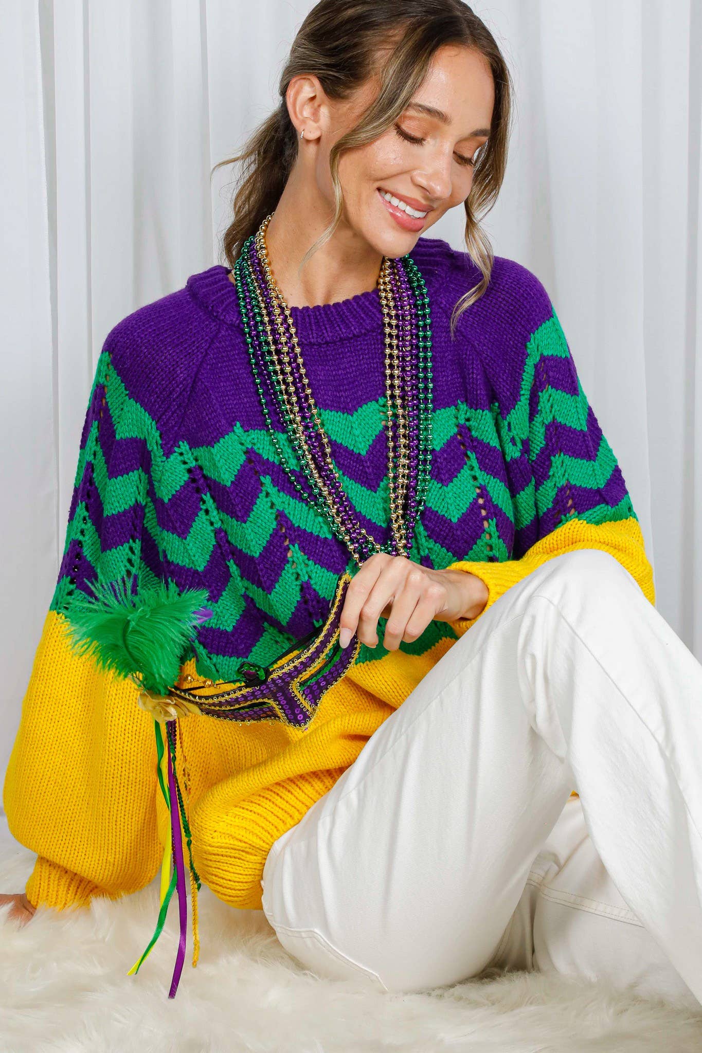 Holiday- Fair Isle Accent Mardi Gras Knitted Sweater