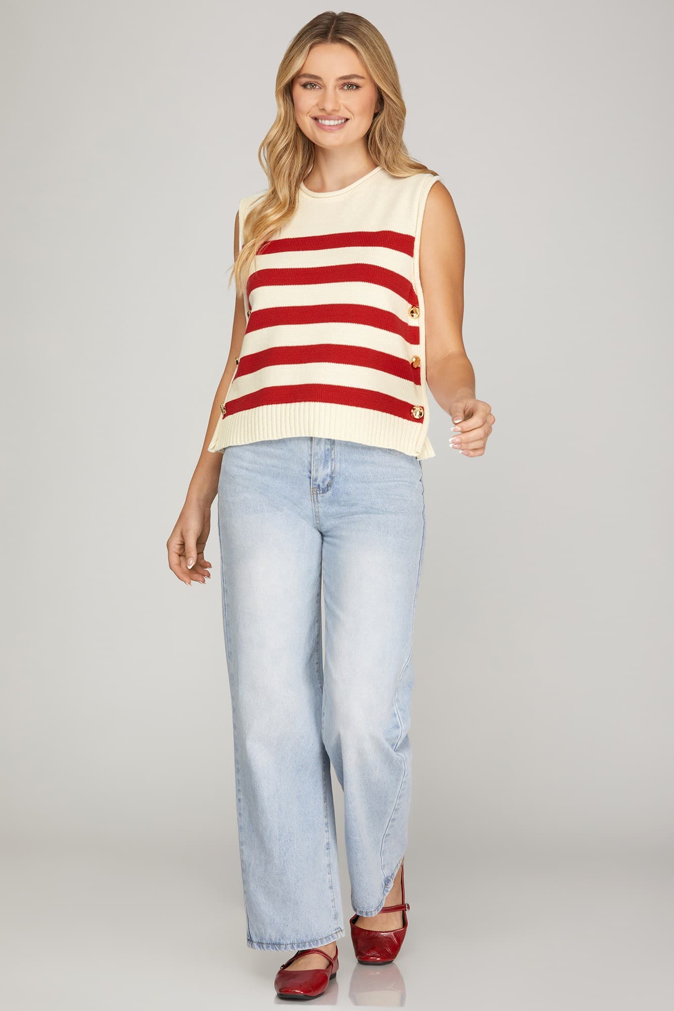 Merrill~ thick stripe top with gold button accents