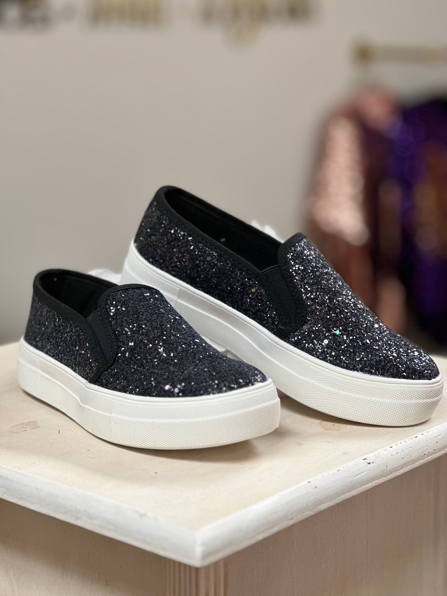 Higher Chunky Glitter Slip Ons - Black