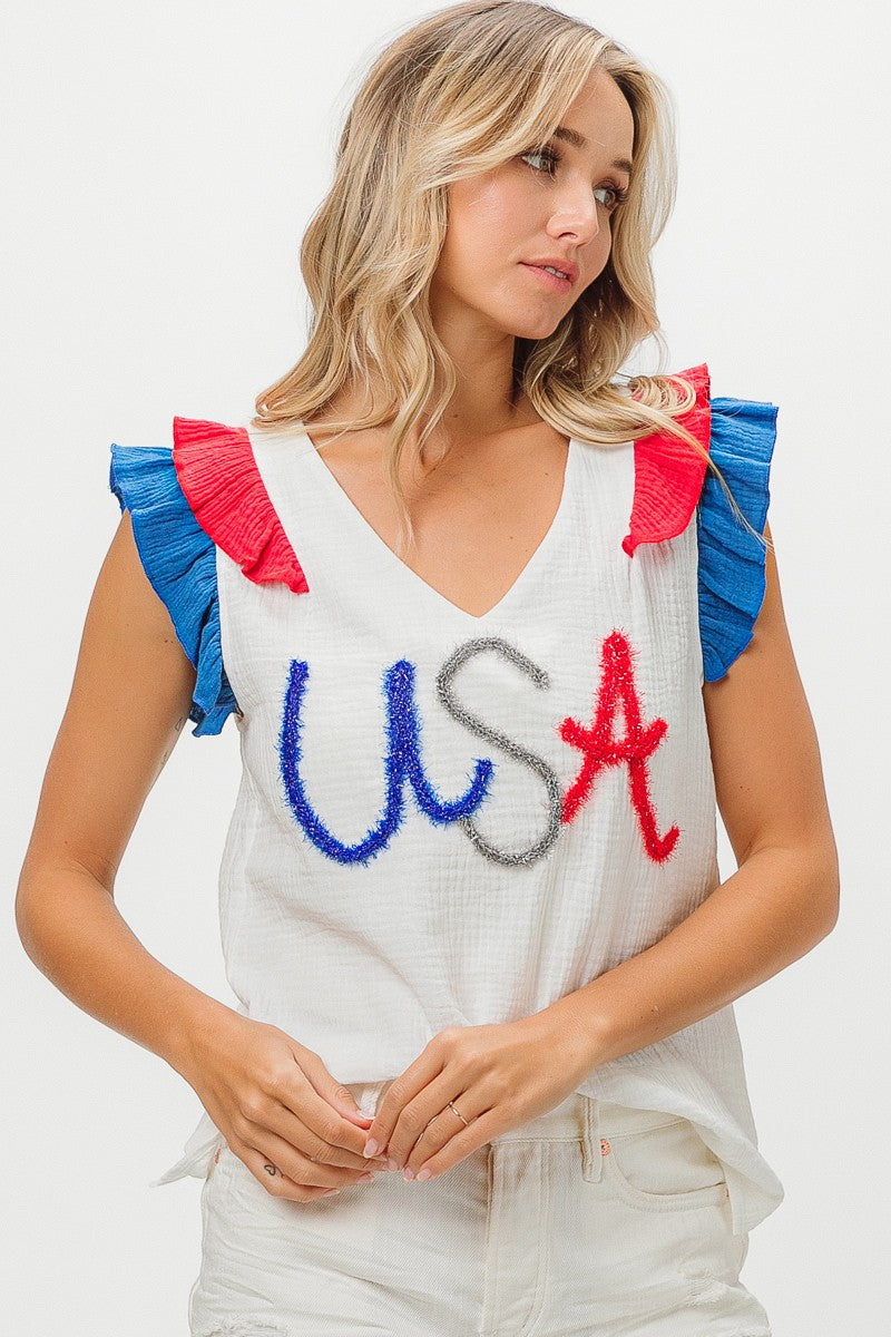 USA Tinsel Flutter Sleeve Top