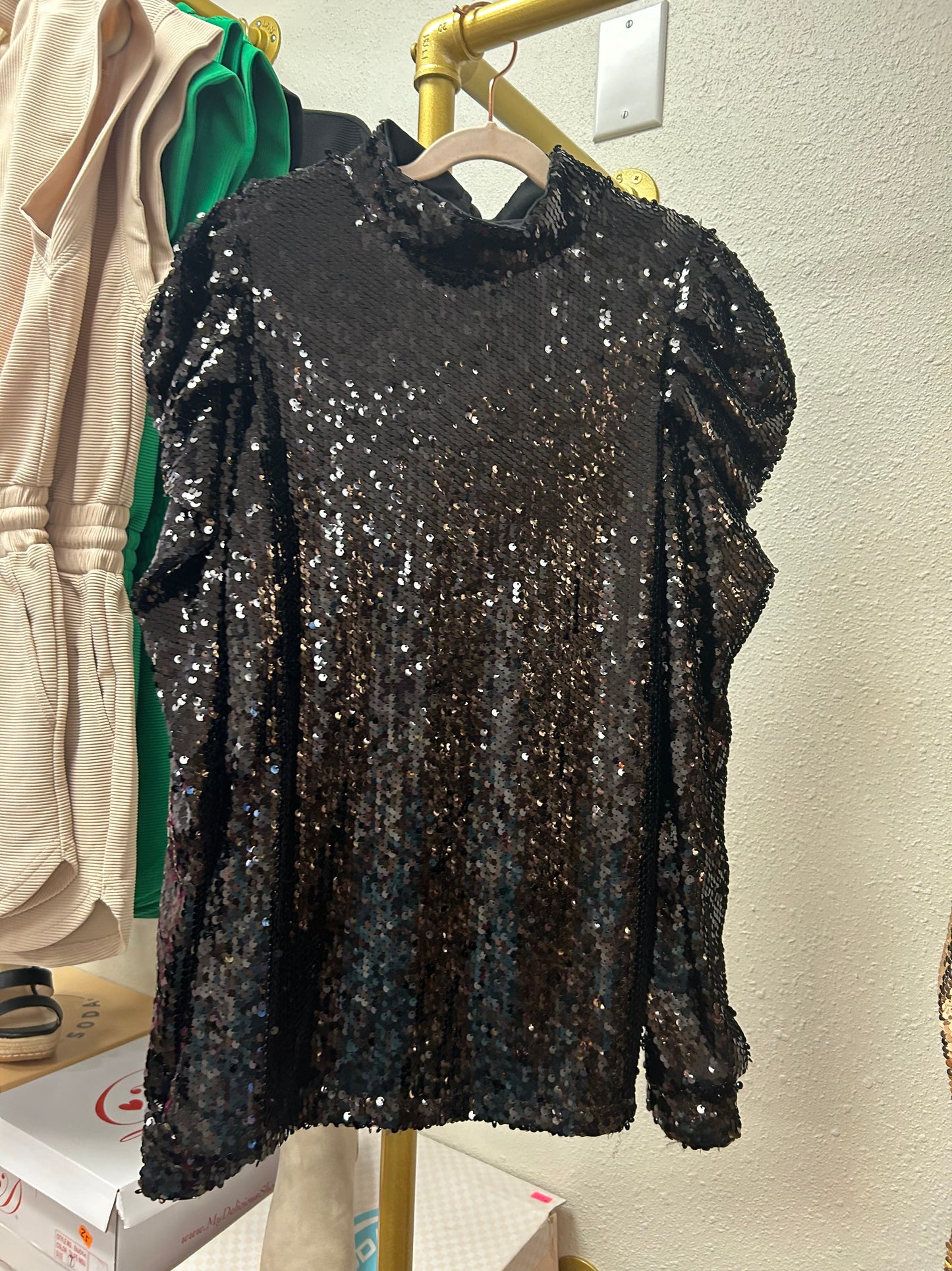 Sequin Mock Neck Bubble Sleeve Top