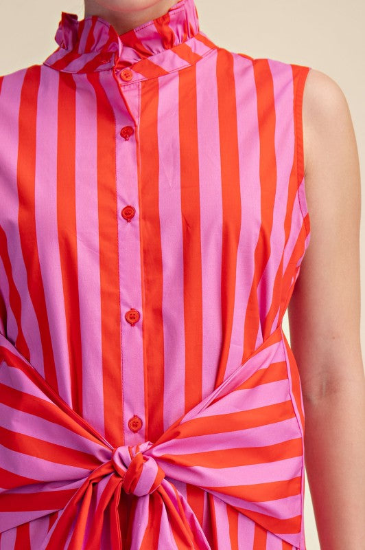 Ruffle Neck Sleeveless Waist Tie Detail Stripe Dress