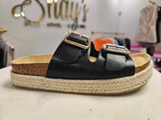 Marfa- Black 2 strap sandal with gold accents