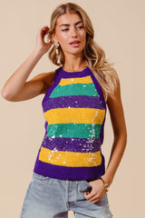 MARDI GRAS COLOR WIDE STRIPE CLEAR SEQUINS TANK TOP