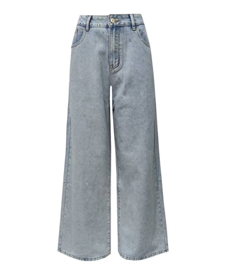 Shiny Rhinestone Wide-Leg Jeans