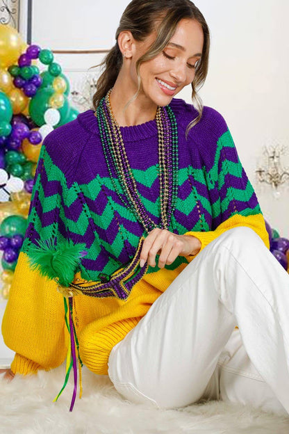 Holiday- Fair Isle Accent Mardi Gras Knitted Sweater