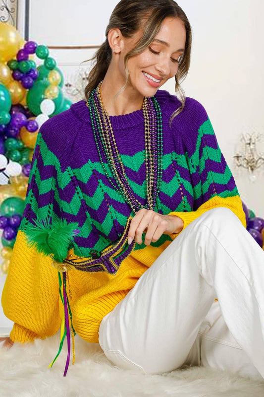 Holiday- Fair Isle Accent Mardi Gras Knitted Sweater
