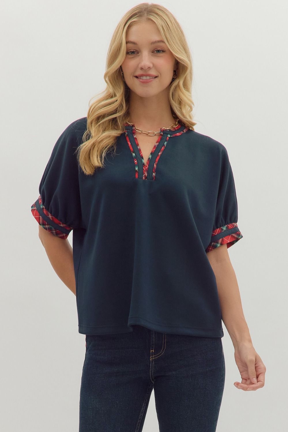 Trimmed In Plaid Top