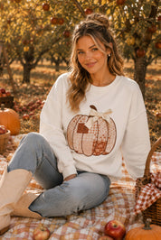 Patchwork Pumpkin Bow Graphic Sweatshirt