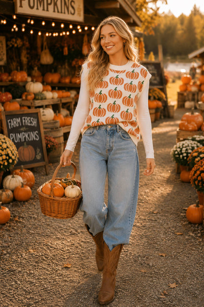 All Over Pumpkin Knit Vest – Thanksgiving Fall Layering Top