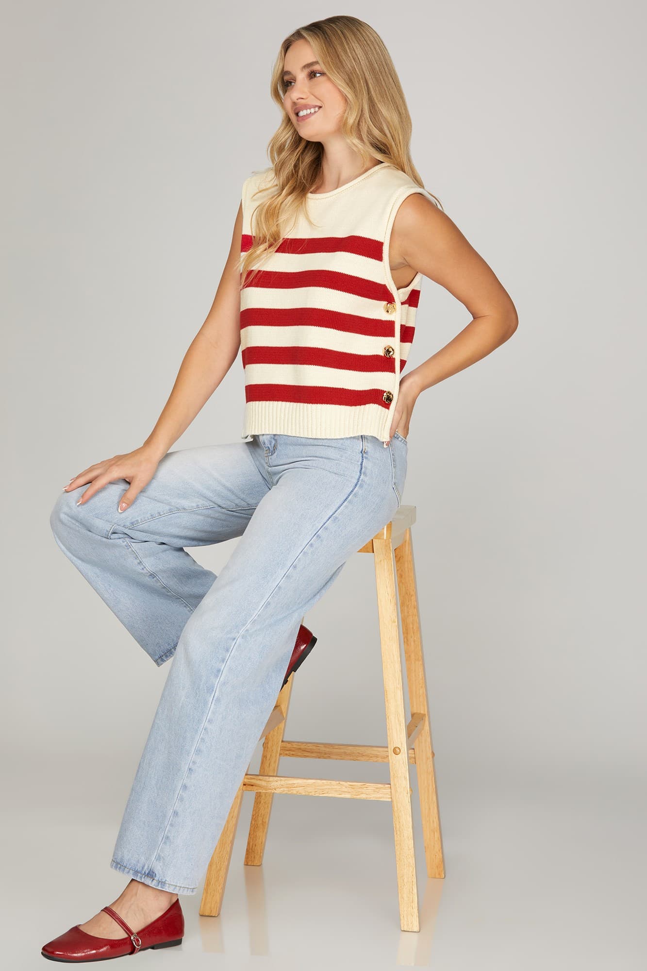 Merrill~ thick stripe top with gold button accents