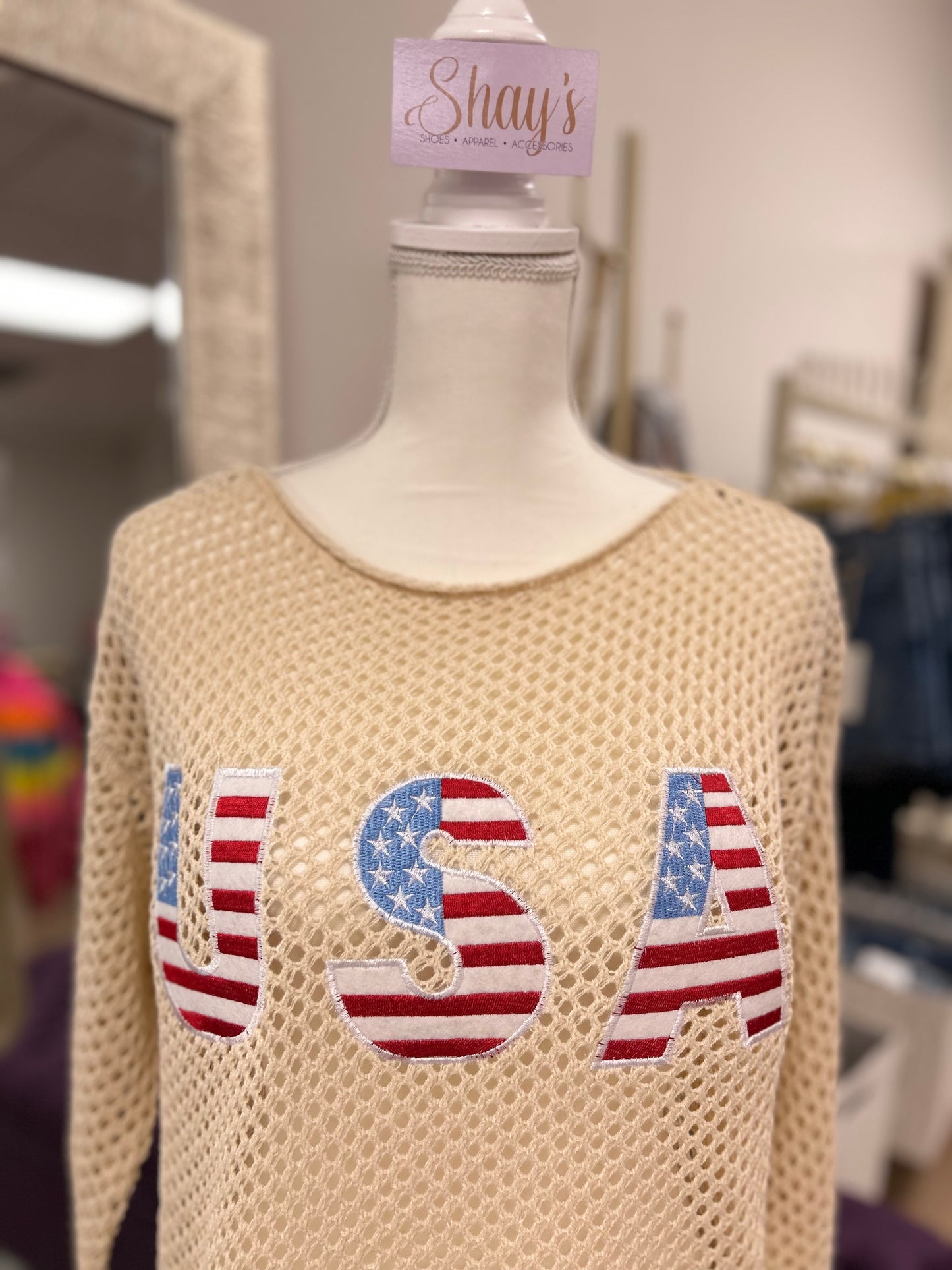 USA Flag Letter Open Knit Top