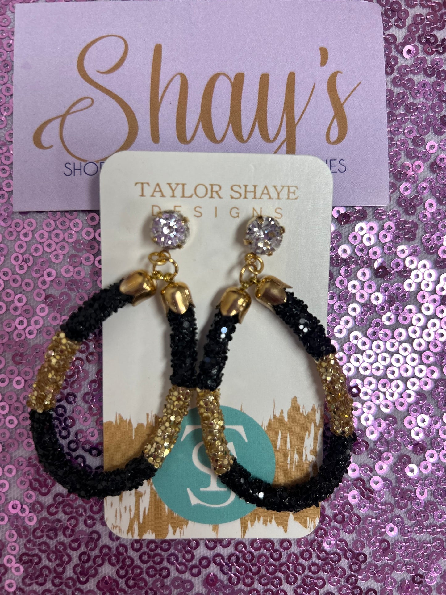 Taylor Shaye Black & Gold Glitter Hoops