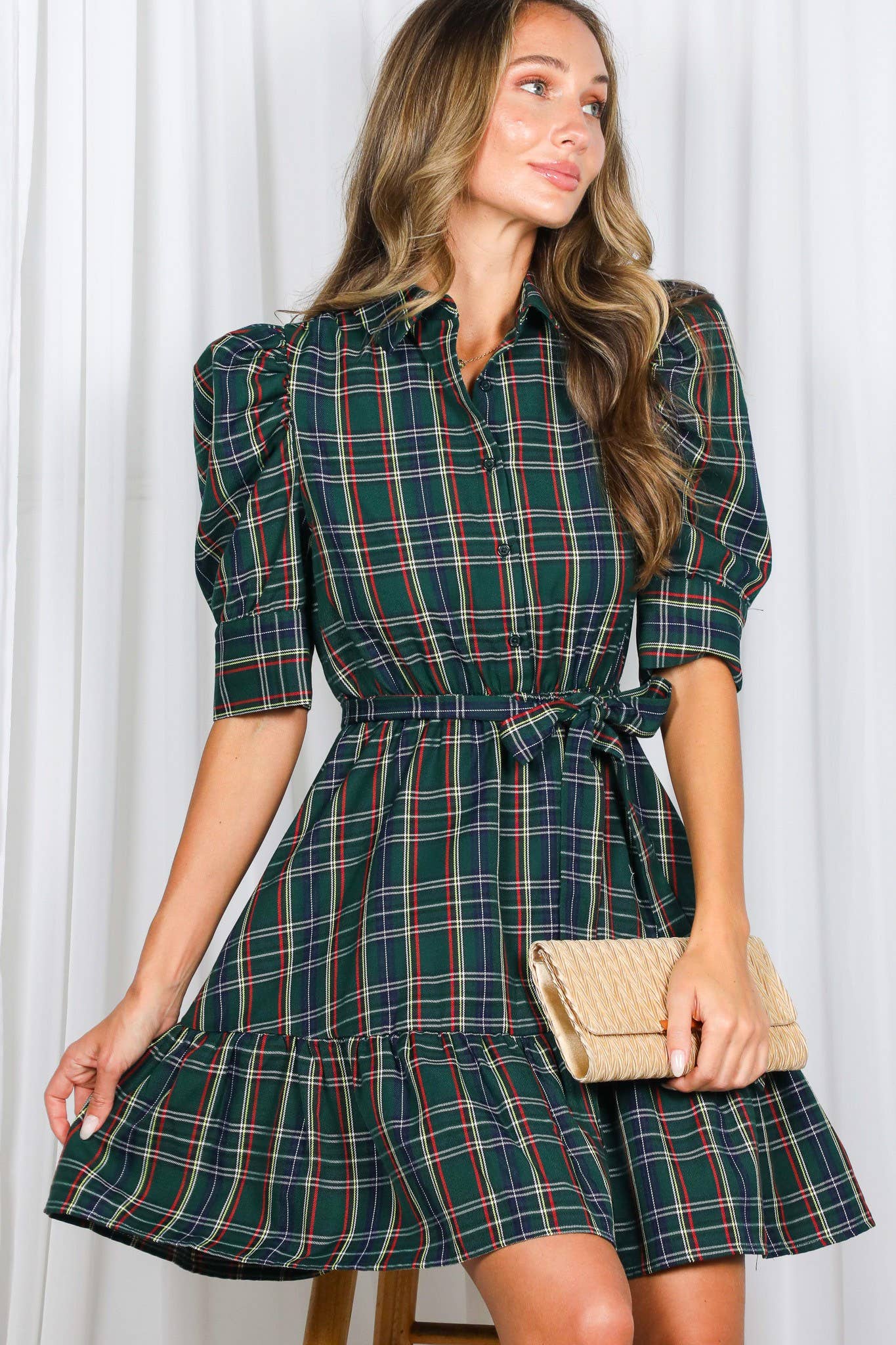 Plaid Short Puff Sleeve Mini Dress