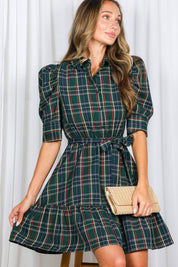 Plaid Short Puff Sleeve Mini Dress