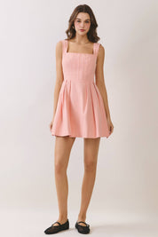 Square Neck Wide Straps Pleated Mini Dress