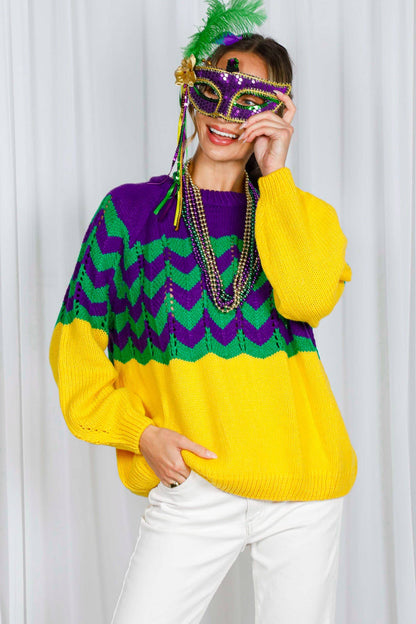 Holiday- Fair Isle Accent Mardi Gras Knitted Sweater