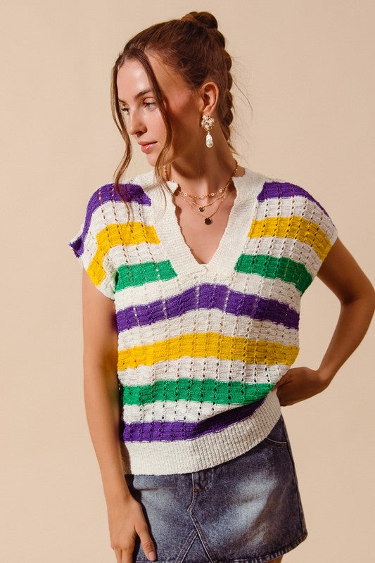 Mardi Gras Stripe Open Knit Lightweight Top