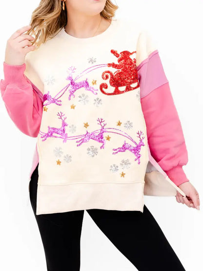 Sleigh RIde-Sequin Embroidery Color Block Sweatshirt