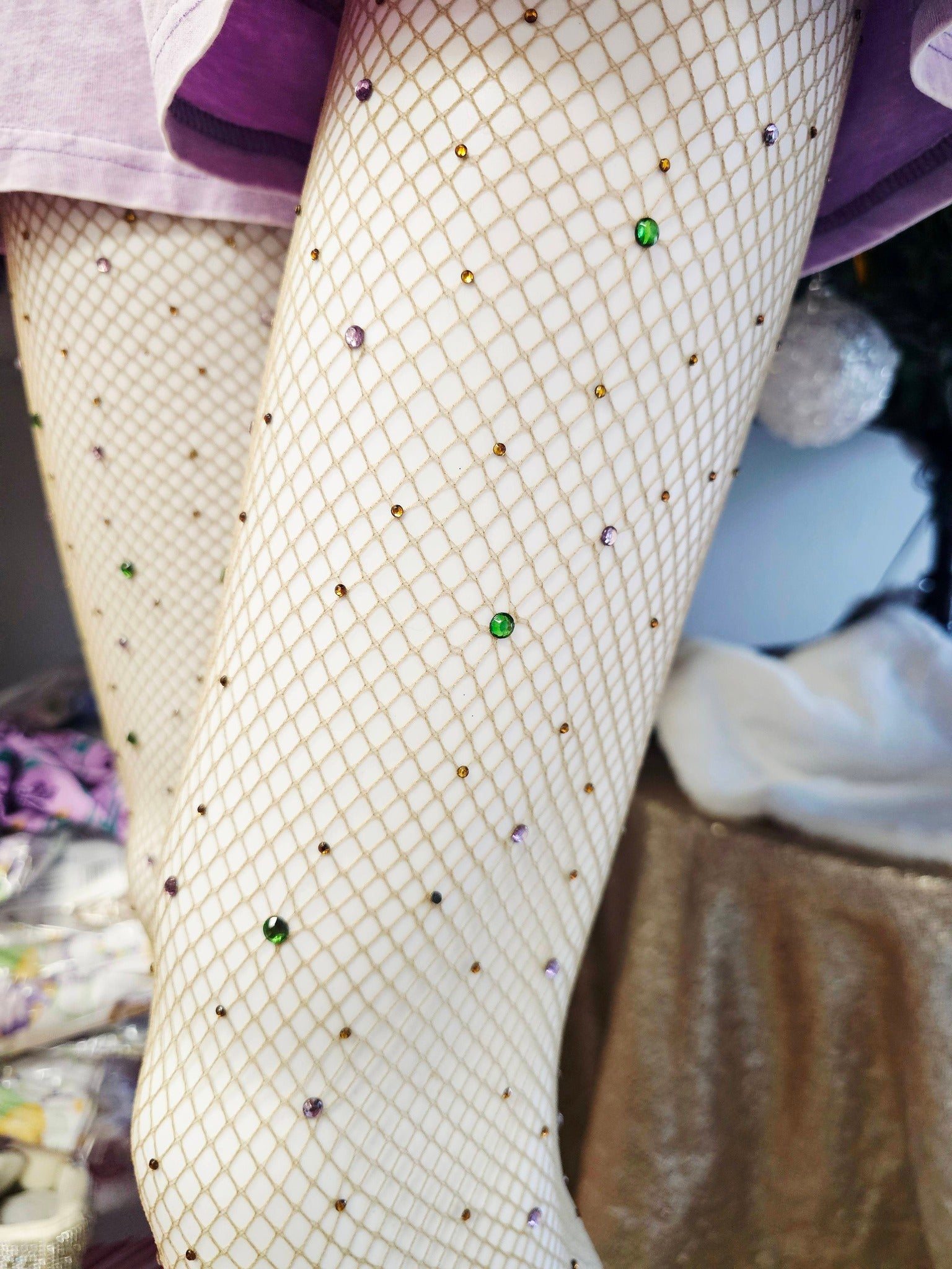 Tan Rhinestone Mardi Gras Fishnets - FINAL SALE