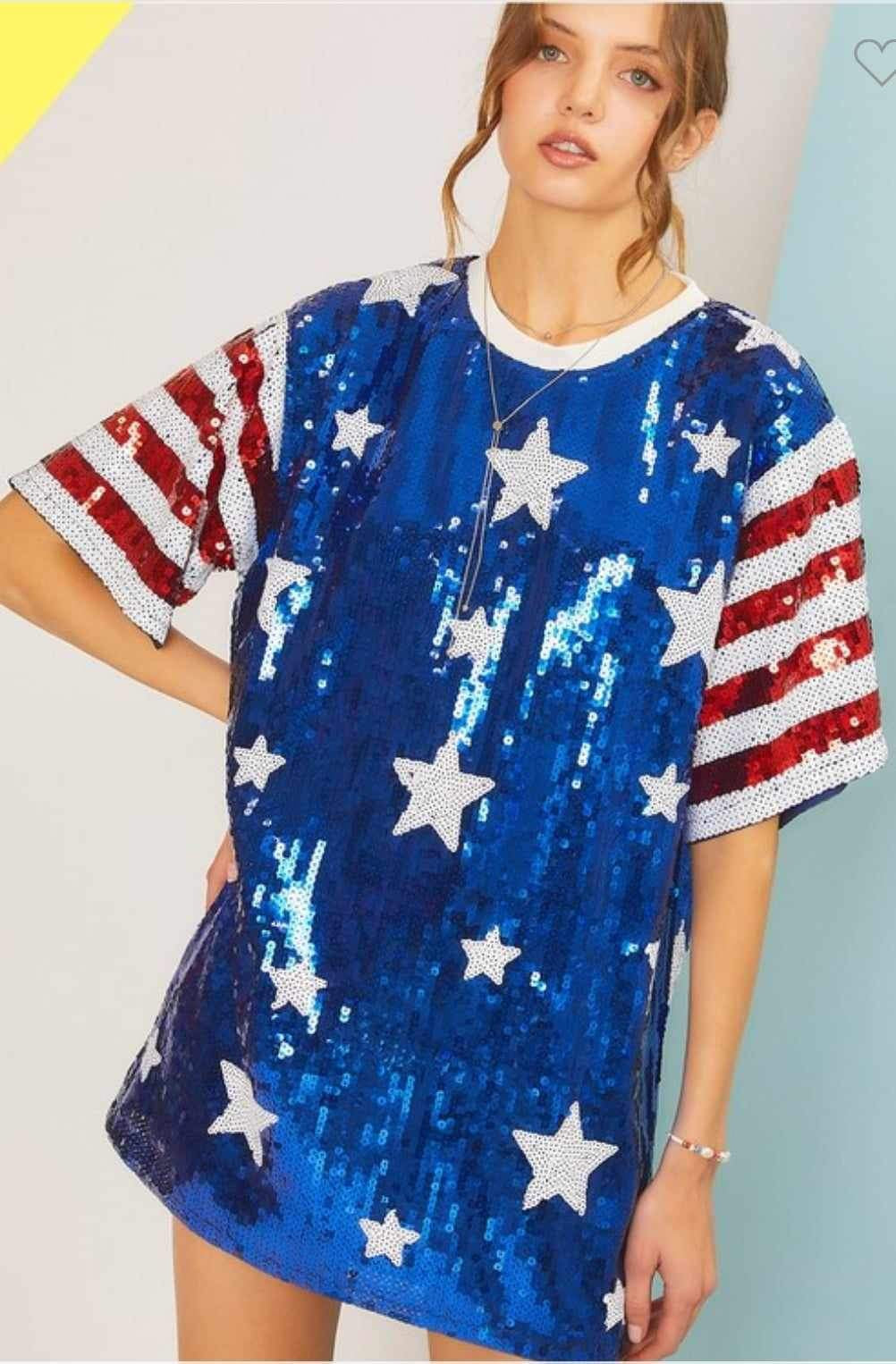 Stars and Stripes Sequin Tunic Shirt - Red White & Blue