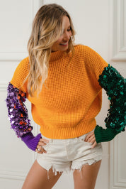 MARDI GRAS SPANGLED SLEEVE COLOR BLOCK SWEATER