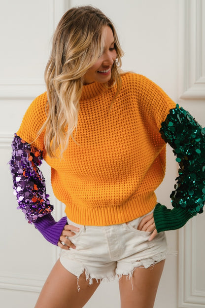 MARDI GRAS SPANGLED SLEEVE COLOR BLOCK SWEATER