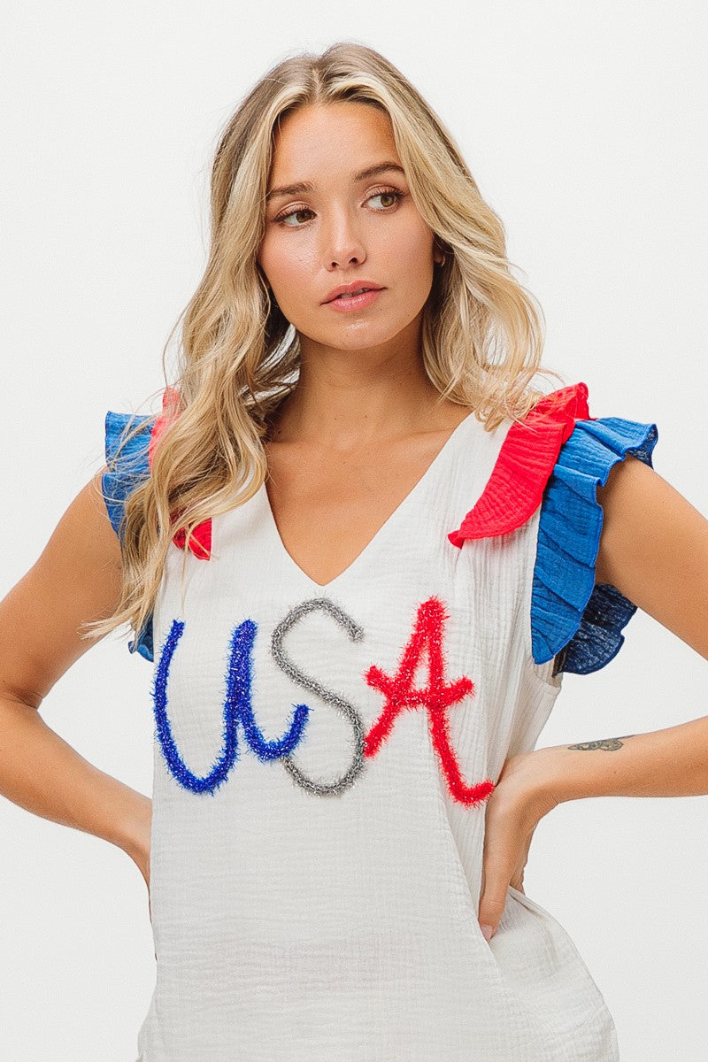 USA Tinsel Flutter Sleeve Top