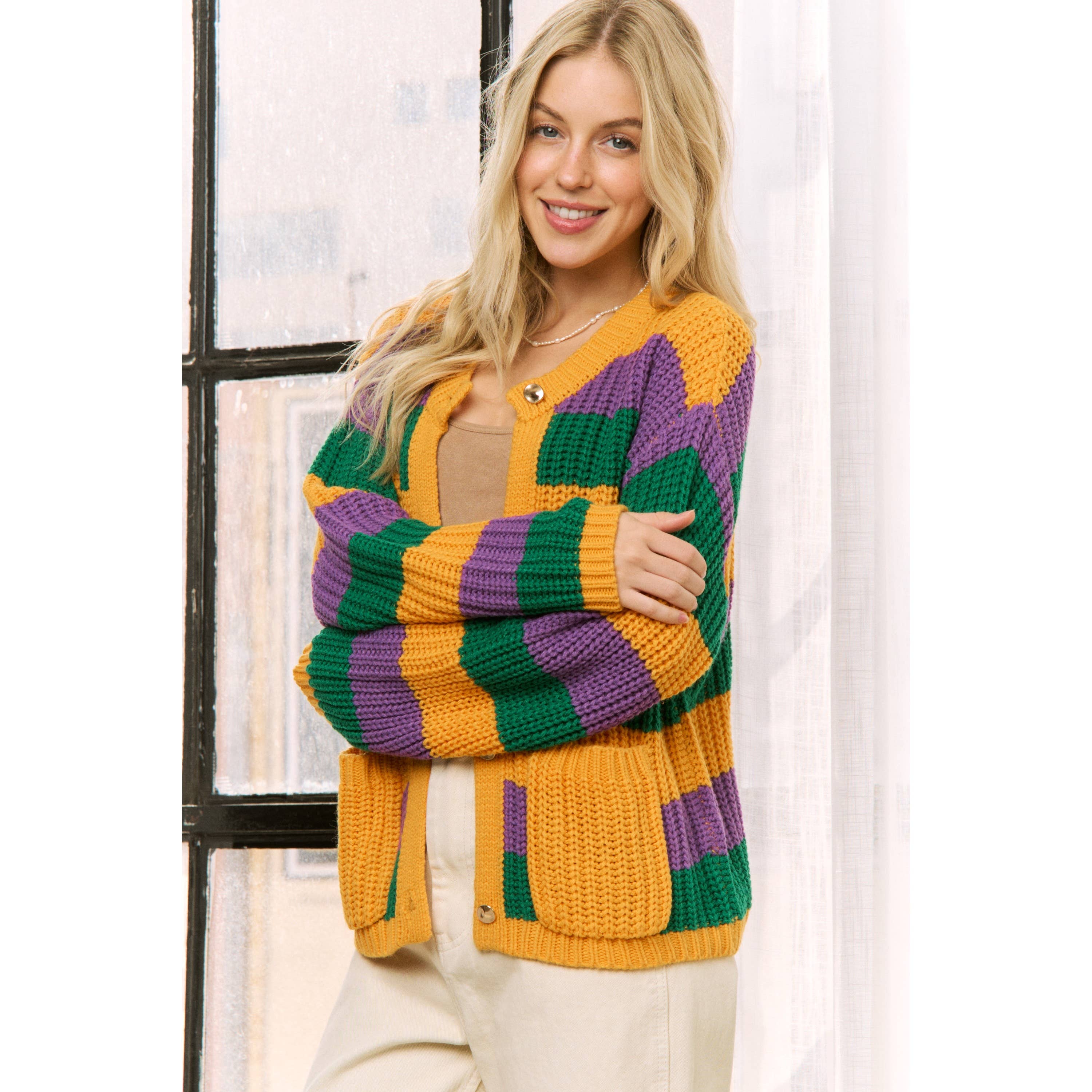 Krewe of Chaos- MARDI GRAS STRIPED CARDIGAN