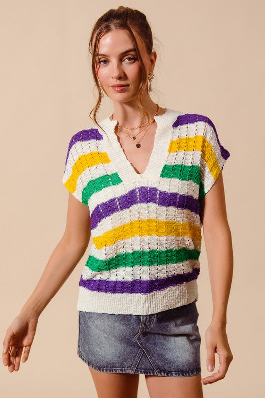Mardi Gras Stripe Open Knit Lightweight Top