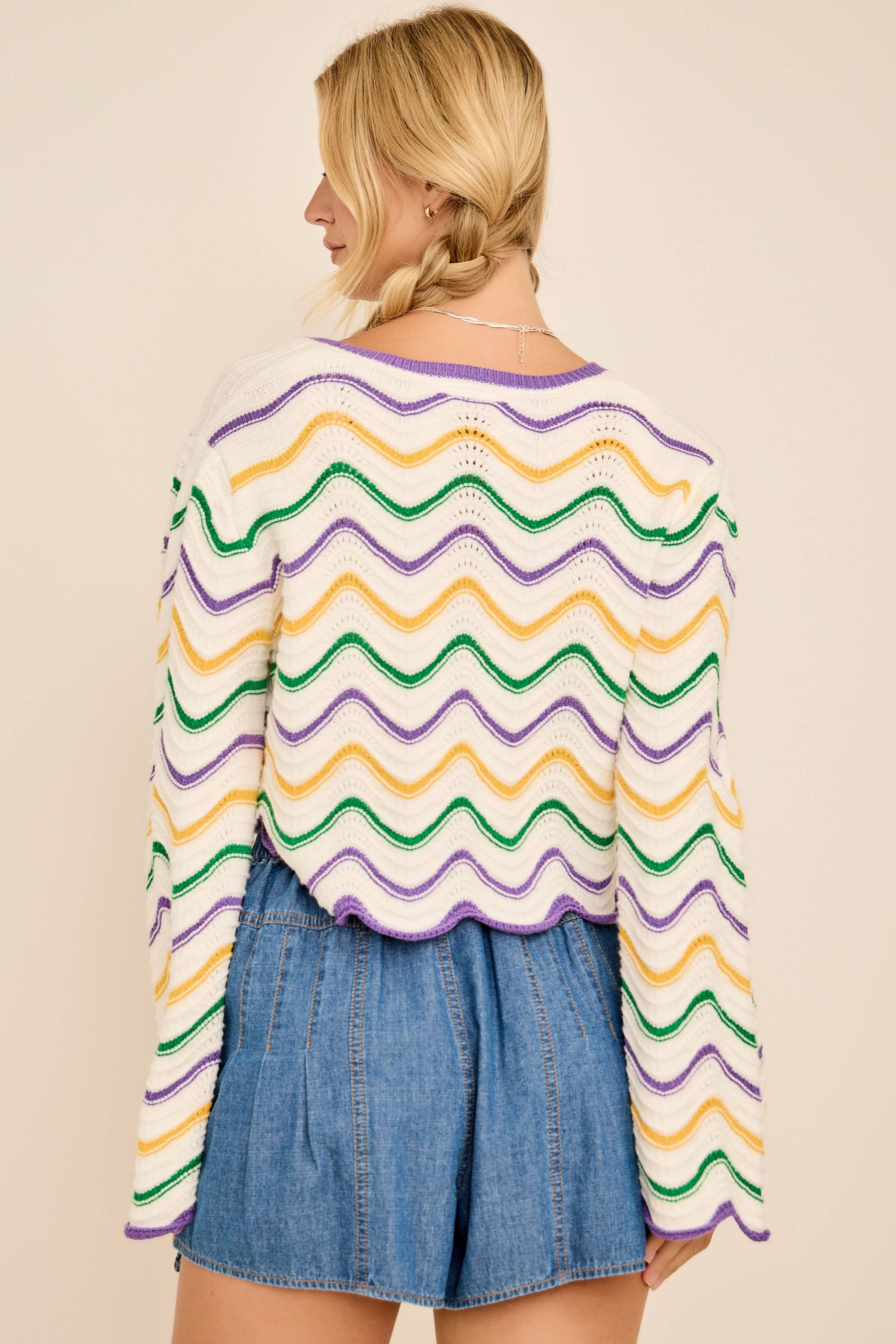 IRIS- Mardi Gras Wave Stripe Tie Cardigan – Festive Knit