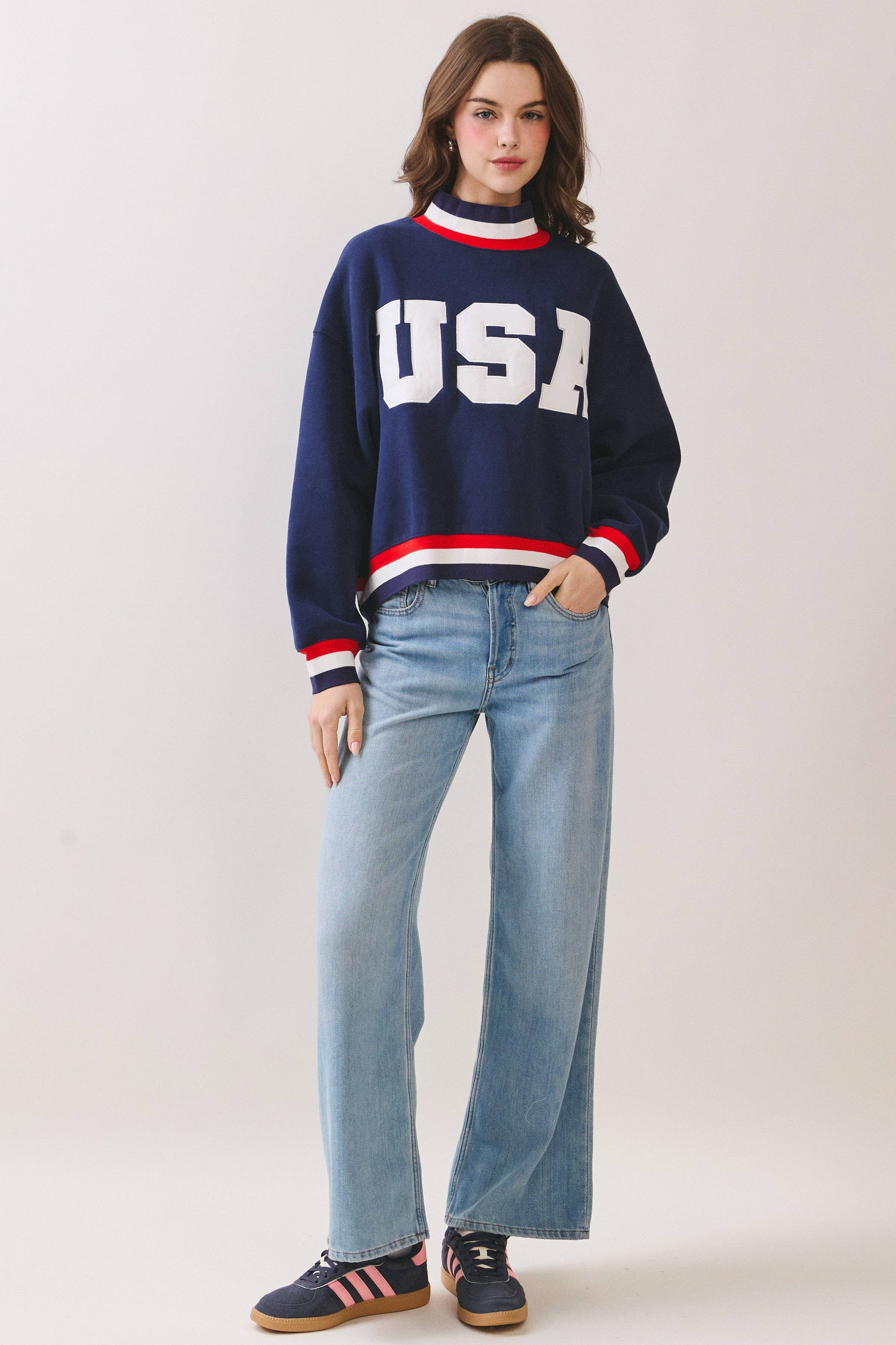 USA Letter Print Contrast Trim Sweatshirt