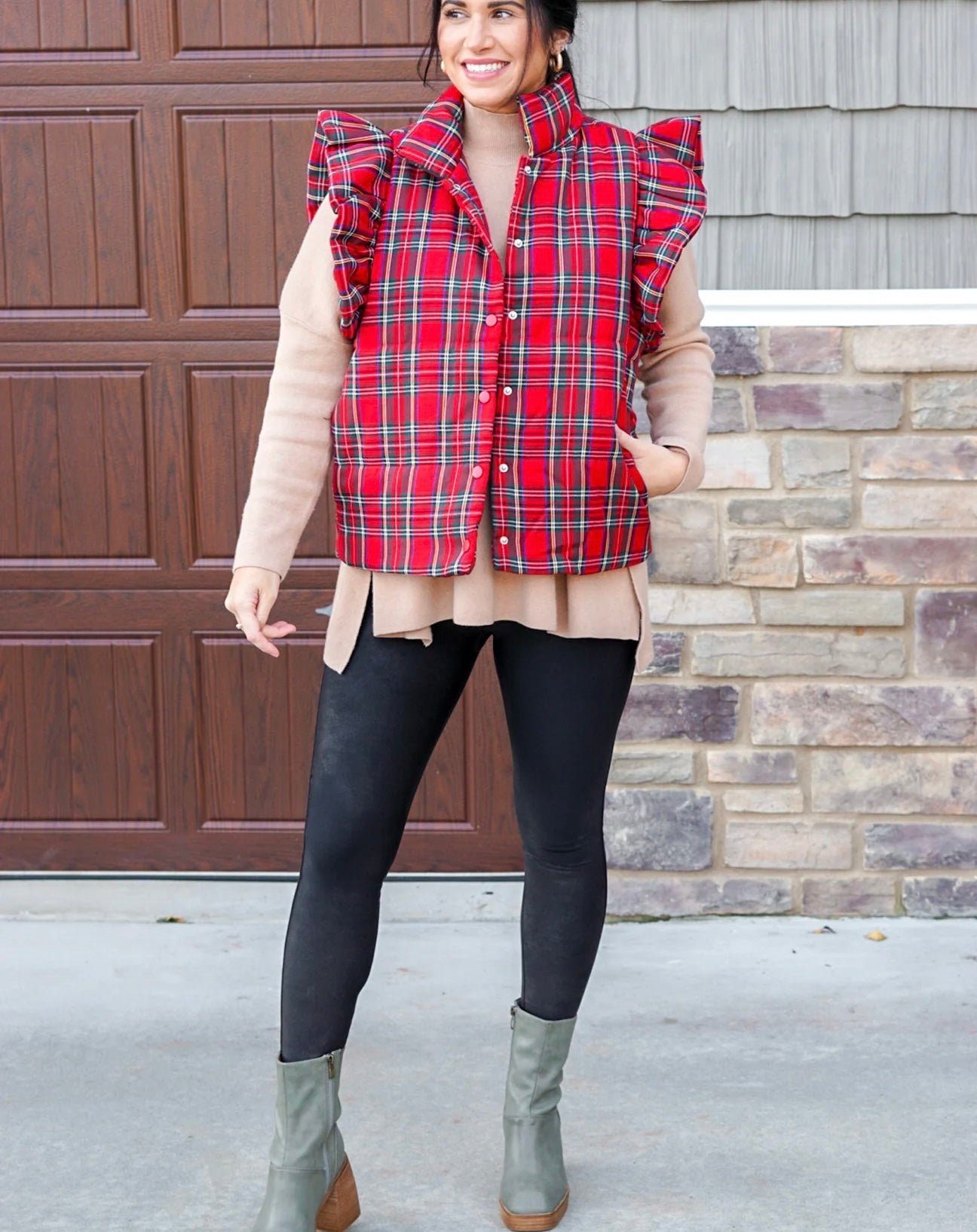 Plaid Perfection Christmas Ruffled Puffer Vest