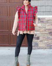 Plaid Perfection Christmas Ruffled Puffer Vest