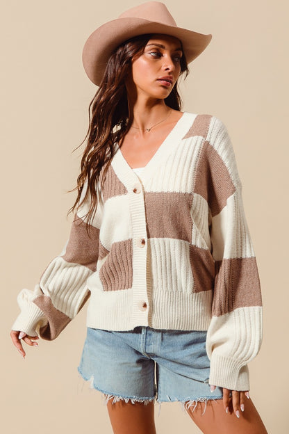 Monica- Checkered Button Front Textured Sweater Cardigan