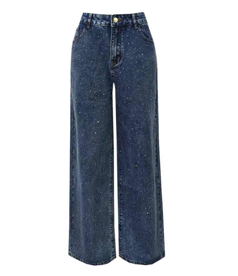 Shiny Rhinestone Wide-Leg Jeans