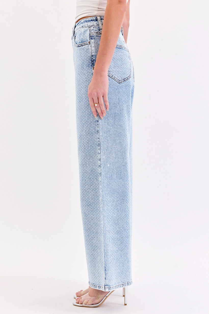 ALL OVER RHINESTONE- Wide Leg Denim