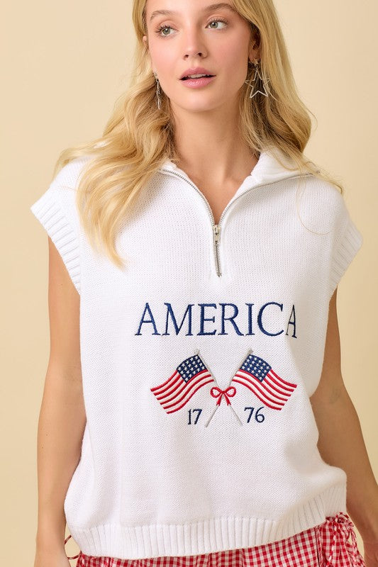 Half Zip American Flag Sleeveless Sweater Top