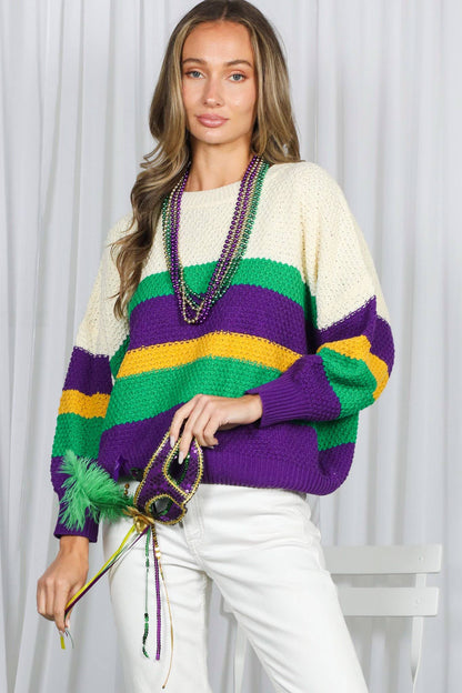 THOTH- Mardi Gras Multi Color Block Waffle Textured Sweater