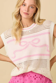 Spring Bows- Sweater Knit Top With Ribbon Bow Jacquard