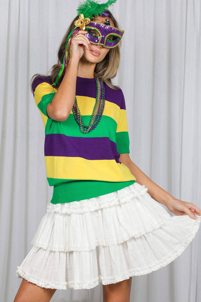 On the Route - Mardi Gras Crew Neck Color Block Top